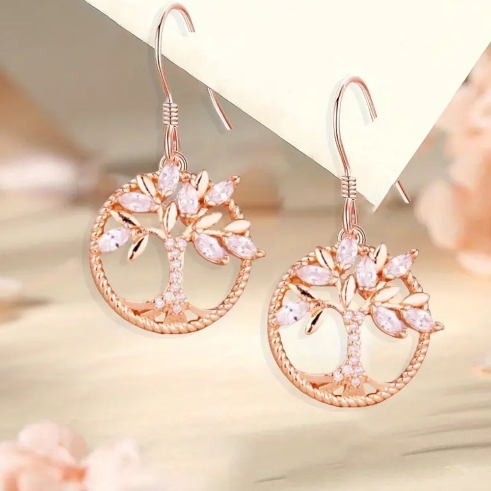 NEW❗️Rose Gold Tree of Life Dangle Earrings | Rhinestone Lucky Charm 🌳  A7-242